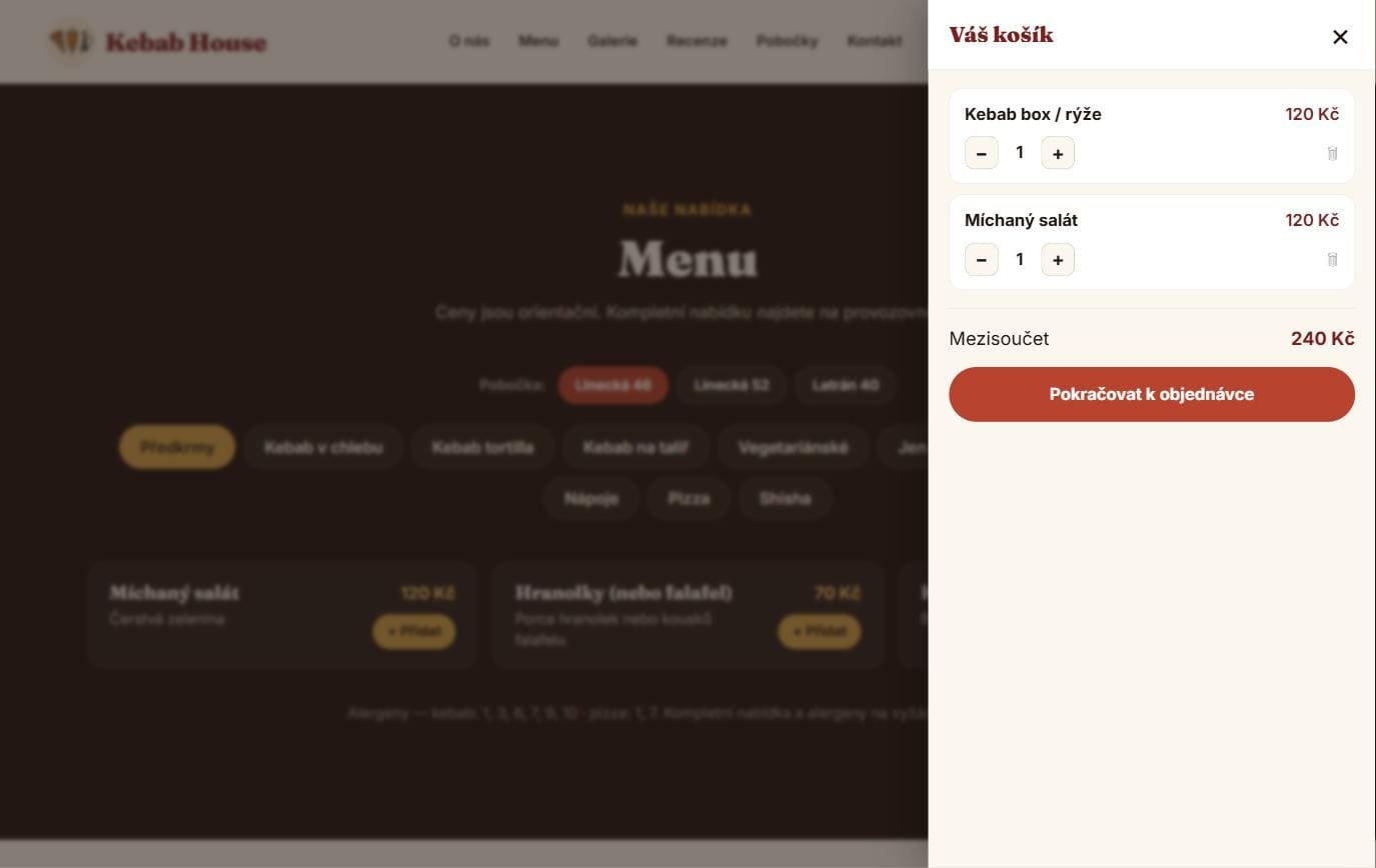 Kebab House Krumlov — otevřený košík s objednávkou a mezisoučtem