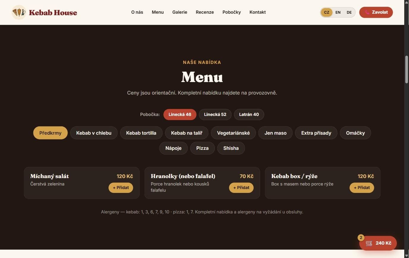 Kebab House Krumlov — výběr pobočky a menu s kategoriemi jídel
