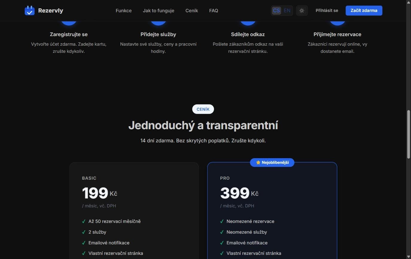 Rezervly.eu — přehledný ceník s měsíčními tarify Basic a Pro